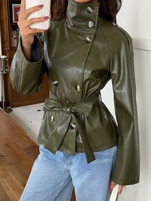 Aloruh 女款秋冬服飾 橄欖綠風衣 PU夾克保暖大衣 - 橄欖綠 - 查看 5