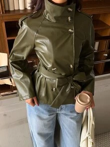 Aloruh 女款秋冬服飾 橄欖綠風衣 PU夾克保暖大衣 - 橄欖綠 - 查看 3