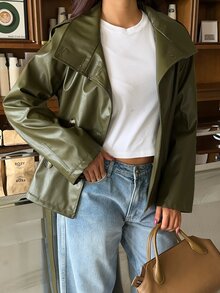 Aloruh 女款秋冬服飾 橄欖綠風衣 PU夾克保暖大衣 - 橄欖綠 - 查看 9