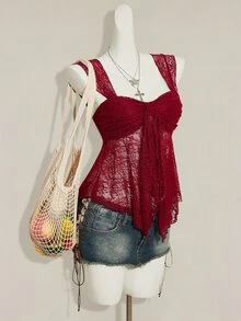 SHEIN ICON 2025夏季新款甜美度假派對聚會返校季女款不對稱素色透視蕾絲下擺吊帶背心上衣 - 酒紅色 - 查看 5