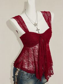 SHEIN ICON 2025夏季新款甜美度假派對聚會返校季女款不對稱素色透視蕾絲下擺吊帶背心上衣 - 酒紅色 - 查看 6