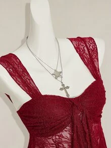 SHEIN ICON 2025夏季新款甜美度假派對聚會返校季女款不對稱素色透視蕾絲下擺吊帶背心上衣 - 酒紅色 - 查看 7