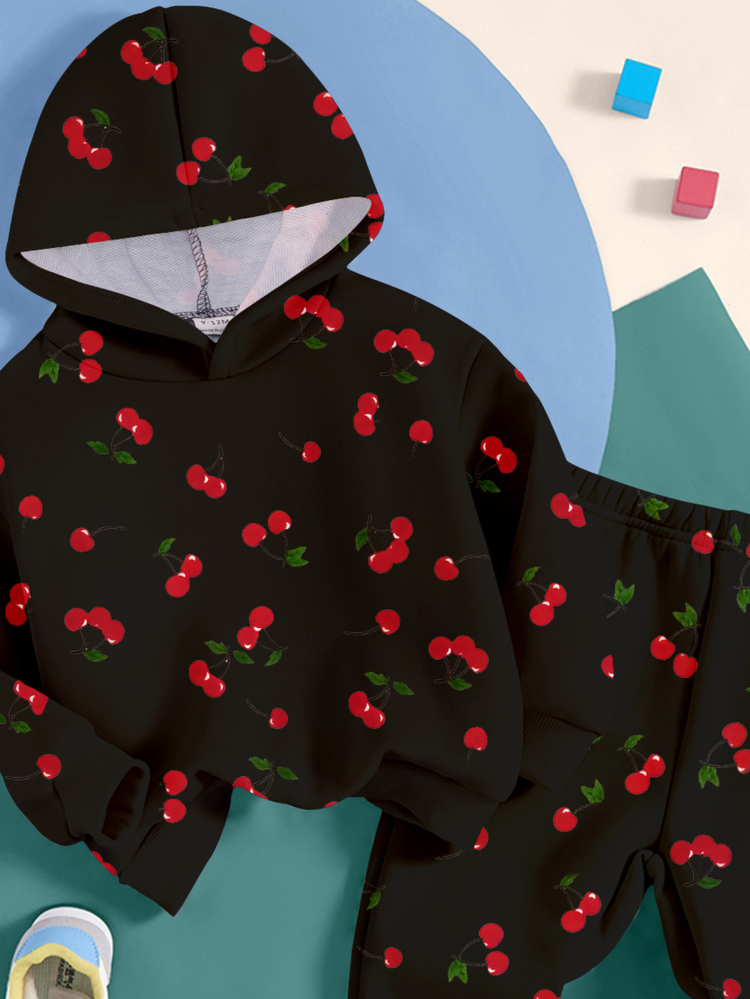 2pcs/Set Baby Girl Fruit Cherry All-Over Print Black Hooded Sweatshirt & Pants Set,Cute Autumn Casual Outfit,Suitable For Matching Family Daily Wear - Multicolor - View 5
