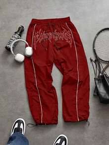 Sport MetroGents Men's Casual Daily Letter Pattern Drawstring Waist Sports Pants Sweat Pants, Gym - Red - View 2