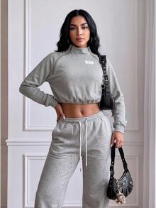 Core Rhythm Women's Autumn/Winter Solid Gray Casual Sports Metal Zipper Decor Stand Collar Elastic Drawstring Long Sleeve Sweatshirt - Grey - View 8