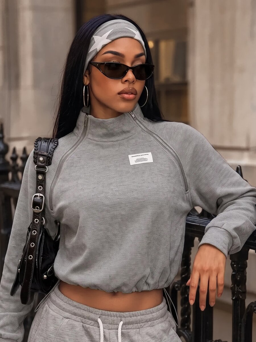 Core Rhythm Women's Autumn/Winter Solid Gray Casual Sports Metal Zipper Decor Stand Collar Elastic Drawstring Long Sleeve Sweatshirt