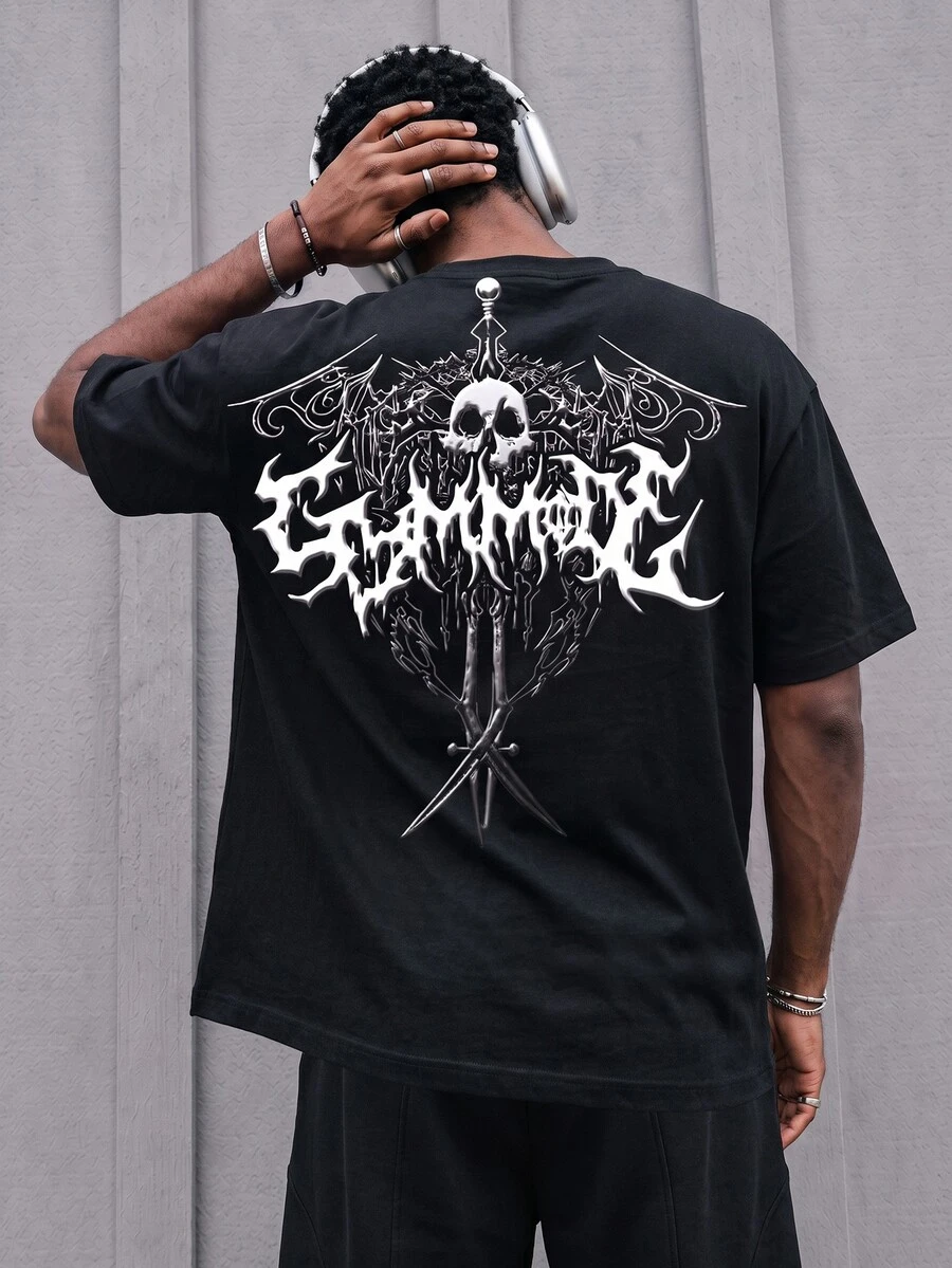 GymRaken Men's Skull Print Sports T-Shirt, Gym - Black - View 1