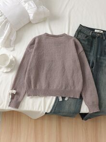 Tween Girl Bow Decor Round Neck Casual Daily Long Sleeve Sweater Pullover Autumn Winter - Khaki - View 2