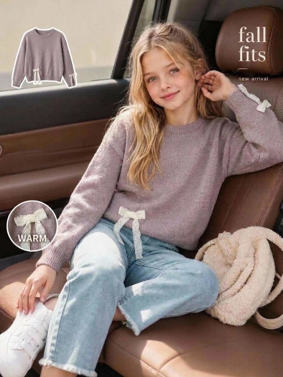 Tween Girl Bow Decor Round Neck Casual Daily Long Sleeve Sweater Pullover Autumn Winter - Khaki - View 1