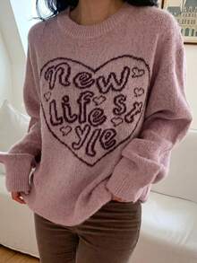 DAZY Women's Letter Pattern Casual Versatile Daily Wear Long Sleeve Sweater Winter - Pink - View 2