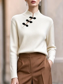 SHEIN Franclia Suéter de punto de manga larga para mujer, estilo casual de otoño/invierno, unicolor, nuevo estilo chino con cierre de botones y rana - Blanco - Ver 1