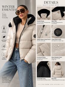 Pariaura Women's Cream Water-Resistant Cropped Quilted Puffer Jacket With Hood, Warm Winter Outerwear - Cream - View 3