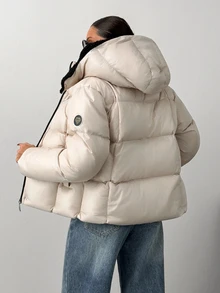 Pariaura Women's Cream Water-Resistant Cropped Quilted Puffer Jacket With Hood, Warm Winter Outerwear - Cream - View 4