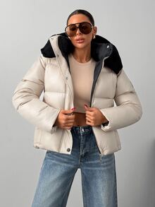 Pariaura Women's Cream Water-Resistant Cropped Quilted Puffer Jacket With Hood, Warm Winter Outerwear - Cream - View 9