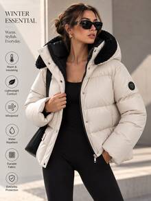 Pariaura Women's Cream Water-Resistant Cropped Quilted Puffer Jacket With Hood, Warm Winter Outerwear - Cream - View 1