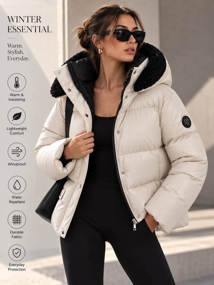 Pariaura Women's Cream Water-Resistant Cropped Quilted Puffer Jacket With Hood, Warm Winter Outerwear - Cream - View 1
