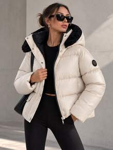 Pariaura Women's Cream Water-Resistant Cropped Quilted Puffer Jacket With Hood, Warm Winter Outerwear - Cream - View 2