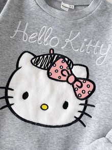 HELLO KITTY AND FRIENDS | SHEIN 青少年女孩秋冬休閒抓絨內裡加厚運動衫套裝，聯名貓頭蝴蝶結印花，寬鬆圓領落肩長袖套頭衫搭配印花百褶寬腿直筒運動長褲，運動風兩件式灰色花卉套裝 - 灰色 - 查看 5