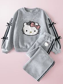 HELLO KITTY AND FRIENDS | SHEIN 青少年女孩秋冬休閒抓絨內裡加厚運動衫套裝，聯名貓頭蝴蝶結印花，寬鬆圓領落肩長袖套頭衫搭配印花百褶寬腿直筒運動長褲，運動風兩件式灰色花卉套裝 - 灰色 - 查看 3