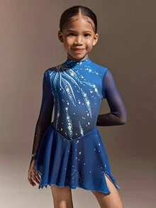 Young Girls' Royal Blue Long Sleeve Figure Skating Dress,Firework Crystal Print High-Stretch Sheer Mesh Skirt,Winter Sport Practice Competition Outfit - Royal Blue - View 4