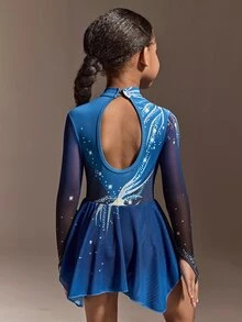 Young Girls' Royal Blue Long Sleeve Figure Skating Dress,Firework Crystal Print High-Stretch Sheer Mesh Skirt,Winter Sport Practice Competition Outfit - Royal Blue - View 2