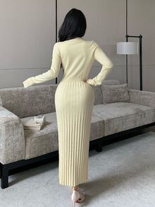 Modelyn فستان كنزة بياقة وخصر مشدود للنساء، خريف/شتاء - لون مشمشي - مشاهدة 2