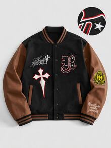 ROMWE MEN Street Life Men's Vintage Varsity Letter Embroidery Baseball Jacket And Outerwear - Multicolor - View 1