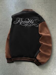 ROMWE MEN Street Life Men's Vintage Varsity Letter Embroidery Baseball Jacket And Outerwear - Multicolor - View 2