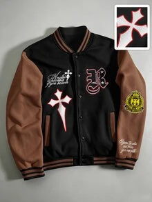 ROMWE MEN Street Life Men's Vintage Varsity Letter Embroidery Baseball Jacket And Outerwear - Multicolor - View 4