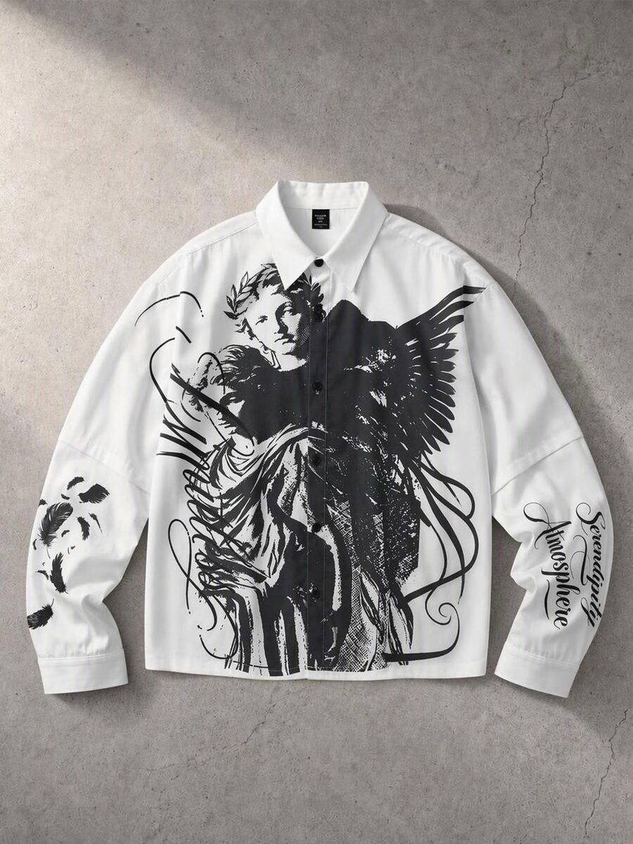 ROMWE MEN Street Life Men's 2 In 1 Shirt With Calligraphy And Little Angel Print - Multicolor - View 1