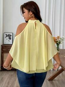 SHEIN LUNE Plus Size Chiffon Fabric High Neck Off-Shoulder Cold Shoulder Cape Sleeve 2 In 1 Loose Umbrella Hem Shirt Elegant Outing Commute Date Gathering Party Vacation Shirt - Yellow - View 5