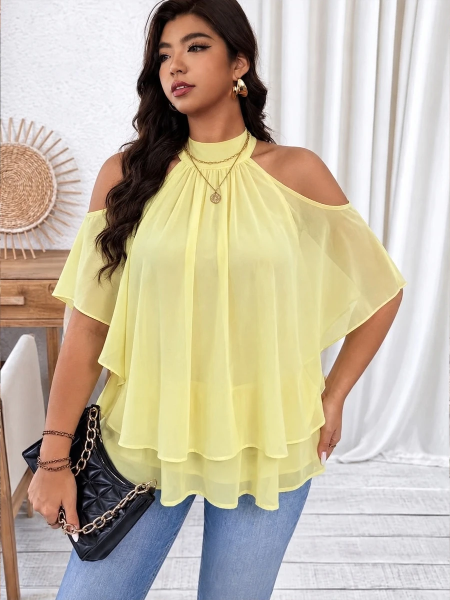 SHEIN LUNE Plus Size Chiffon Fabric High Neck Off-Shoulder Cold Shoulder Cape Sleeve 2 In 1 Loose Umbrella Hem Shirt Elegant Outing Commute Date Gathering Party Vacation Shirt - Yellow - View 1