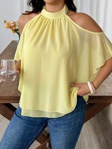 SHEIN LUNE Plus Size Chiffon Fabric High Neck Off-Shoulder Cold Shoulder Cape Sleeve 2 In 1 Loose Umbrella Hem Shirt Elegant Outing Commute Date Gathering Party Vacation Shirt - Yellow - View 3