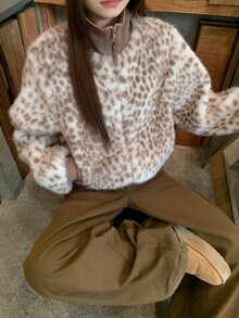 DAZY Women's Patchwork Leopard Print Short Long Sleeve Zipper High Neck Casual Street Vacation Autumn Winter Faux Fur Jacket - Khaki - View 6