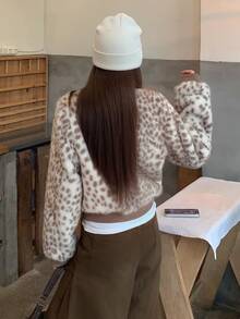 DAZY Women's Patchwork Leopard Print Short Long Sleeve Zipper High Neck Casual Street Vacation Autumn Winter Faux Fur Jacket - Khaki - View 7