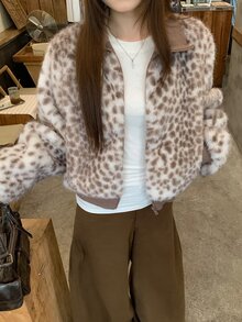 DAZY Women's Patchwork Leopard Print Short Long Sleeve Zipper High Neck Casual Street Vacation Autumn Winter Faux Fur Jacket - Khaki - View 2