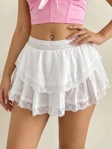 Sweetina Falda asimétrica tipo pastel de encaje y parches para mujer, en color blanco - Blanco - Ver 1