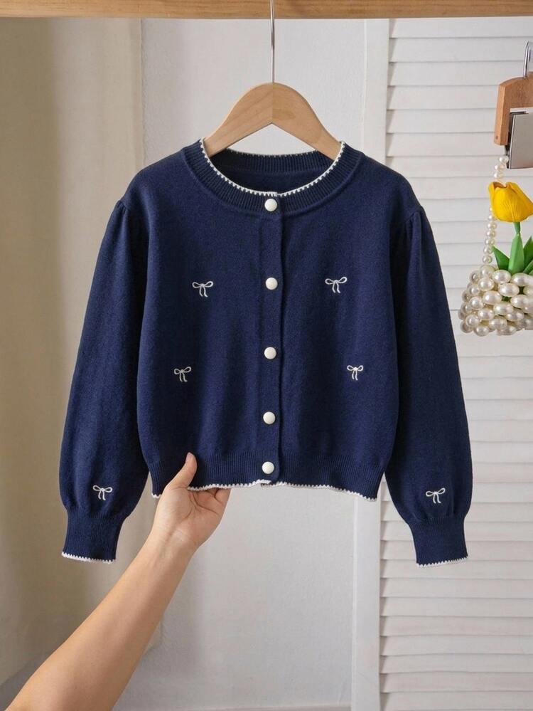 SHEIN 8-12 Years Old Tween Girls Navy Blue Round Neck Short Knit Cardigan With White Bow Embroidery, Puff Long Sleeves, Contrast Color Jagged Trim, Single-Breasted Button Front, Preppy Style Campus Spring Autumn Versatile Knit Outerwear - Navy Blue - View 11