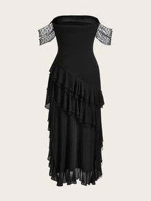 SHEIN ICON Summer Elegant Women Black Dress,Off Shoulder Y2k Birthday Outfit High Slit Halter Neck Mesh Patchwork Ruffle Hem Minimalist Vacation - Black - View 2