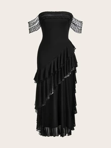 SHEIN ICON Summer Elegant Women Black Dress,Off Shoulder Y2k Birthday Outfit High Slit Halter Neck Mesh Patchwork Ruffle Hem Minimalist Vacation - Black - View 3