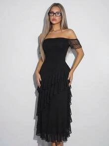 SHEIN ICON Summer Elegant Women Black Dress,Off Shoulder Y2k Birthday Outfit High Slit Halter Neck Mesh Patchwork Ruffle Hem Minimalist Vacation - Black - View 1