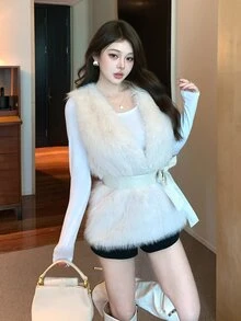 DAZY Women's Vintage Plush Fashion Faux Fur Vest - White - View 5