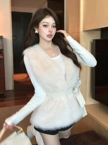 DAZY Women's Vintage Plush Fashion Faux Fur Vest - White - View 7