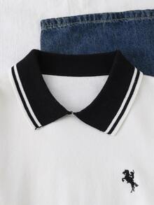 SHEIN 秋冬新款奶油白刺繡Logo小馬圖案長袖套頭彼得潘領落肩針織毛衣，寬鬆版型針織上衣，適合女性與青少年，學院風 - 白色 - 查看 7