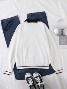 SHEIN 秋冬新款奶油白刺繡Logo小馬圖案長袖套頭彼得潘領落肩針織毛衣，寬鬆版型針織上衣，適合女性與青少年，學院風 - 白色 - 查看 3