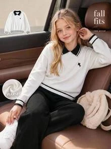 SHEIN 秋冬新款奶油白刺繡Logo小馬圖案長袖套頭彼得潘領落肩針織毛衣，寬鬆版型針織上衣，適合女性與青少年，學院風 - 白色 - 查看 4