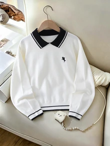 SHEIN 秋冬新款奶油白刺繡Logo小馬圖案長袖套頭彼得潘領落肩針織毛衣，寬鬆版型針織上衣，適合女性與青少年，學院風 - 白色 - 查看 9
