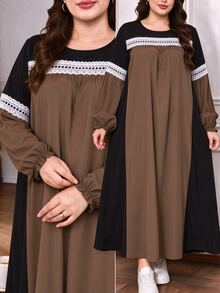 SHEIN Najma Plus Size Women's Loose Casual A-Line Round Neck Contrast Color Lace Puff Long Sleeve Patchwork Long Dress, Autumn - Black - View 1
