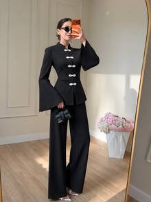 Modelyn Spring/Summer Women's 2 Pieces Set With Waist-Cinching Slimming Tie & Frog Button, Elegant Versatile Daily Commute Outfit - Black - View 7