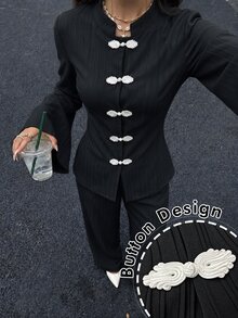 Modelyn Spring/Summer Women's 2 Pieces Set With Waist-Cinching Slimming Tie & Frog Button, Elegant Versatile Daily Commute Outfit - Black - View 3